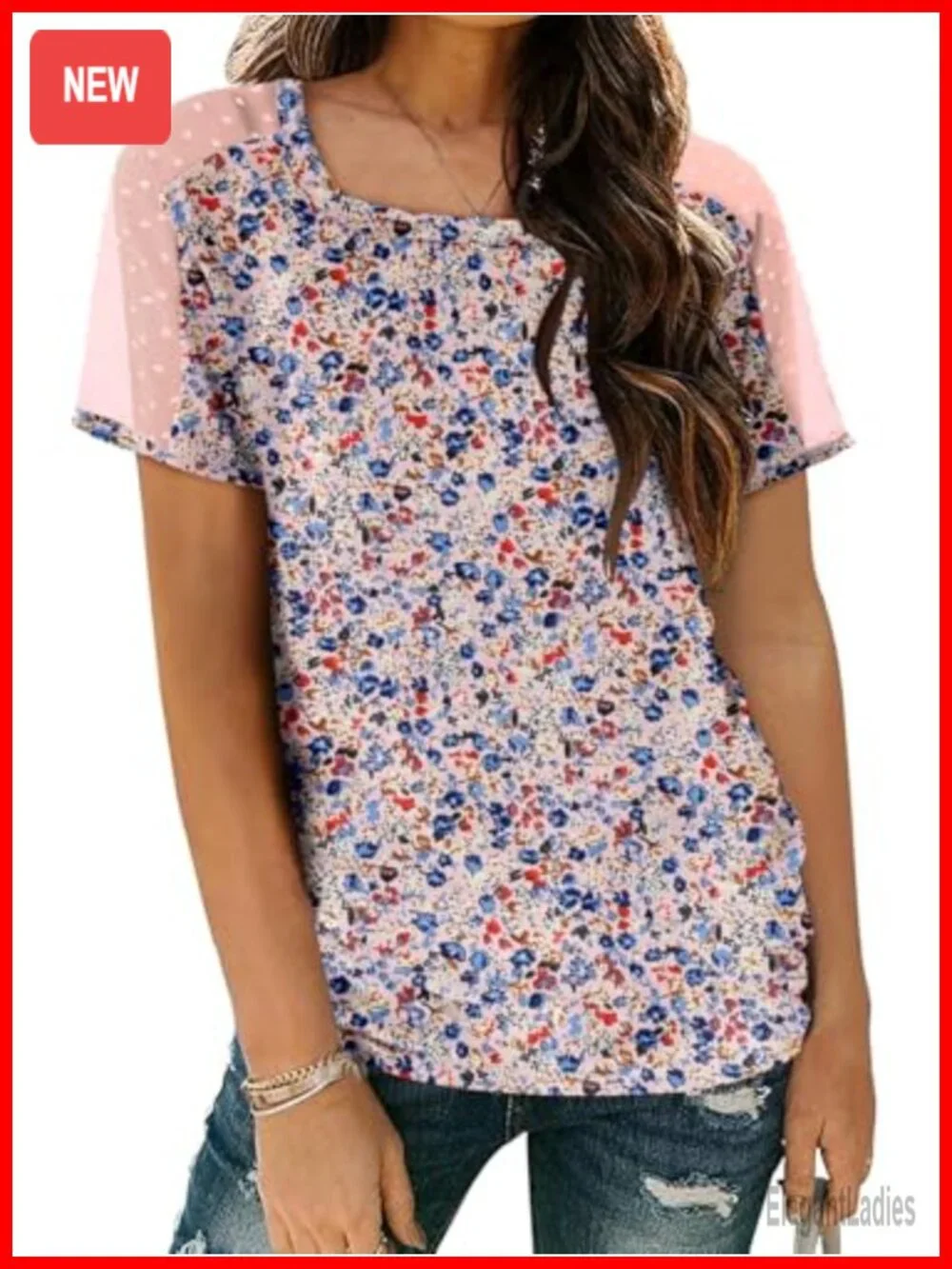 Square Neck Semi-Sheer Short Sleeve T-Shirt Blouse